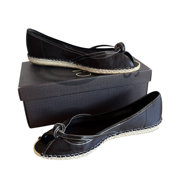 Cole Haan G Series Sabella Black Satin Peep Toe Espadrille Flats Size 11 w/ Box - Picture 1 of 15